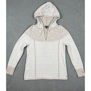 Eddie Bauer Womens Cream Cable Knit Hooded Sweater Pullover Rolled Hemline M